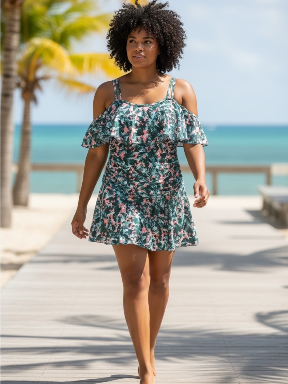 Cocopear Green Floral Ruffle One-Piece Swimsuit Beach Pool NWT Summer